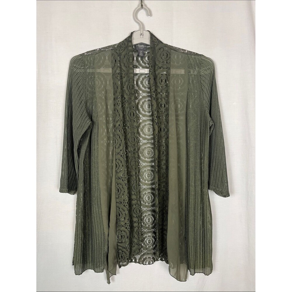 Chicos Travelers Collection Green Crochet Lace Cardigan